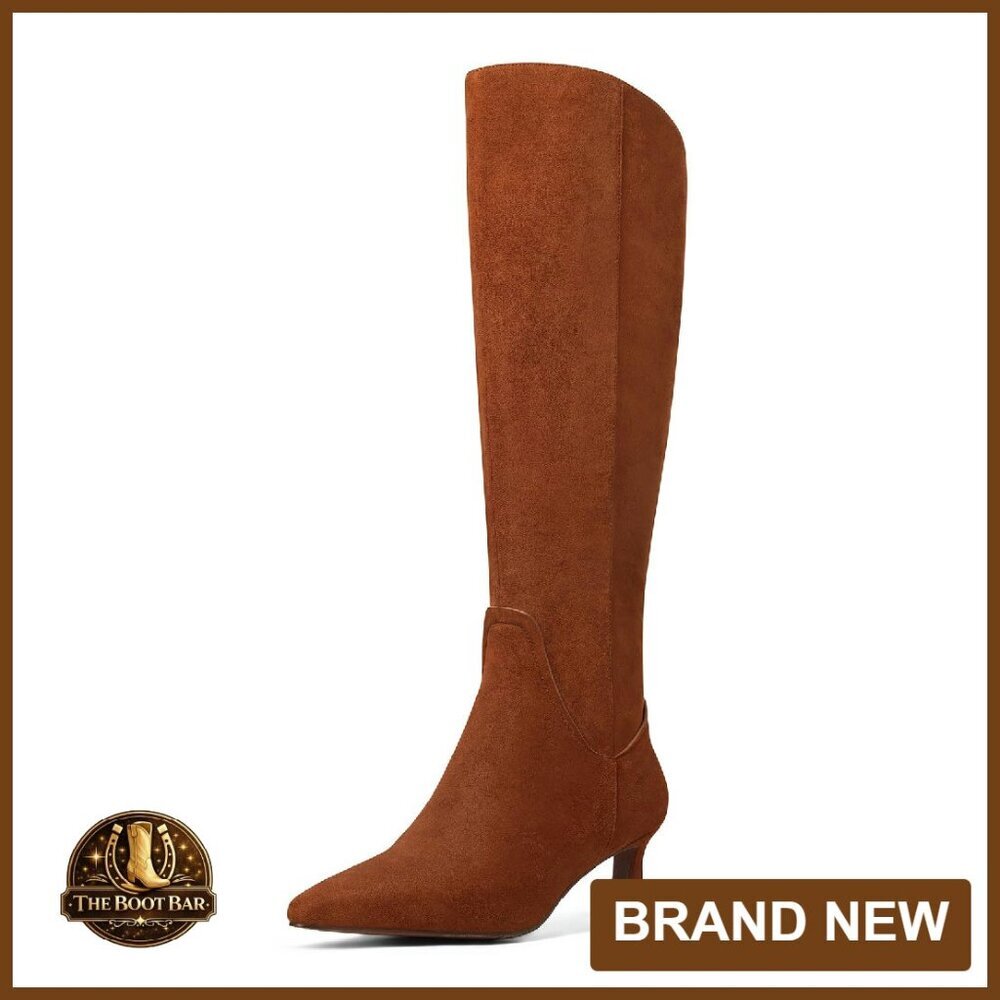 Women's Knee High Boots Suede Chunky Heel Square Toe Side Zipper Pull On